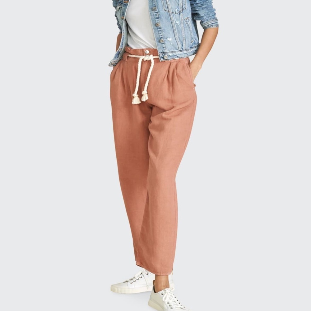 Veronica Beard Karter Paperbag Linen Belted High Rise‎ Straight Leg Pants Sz 4